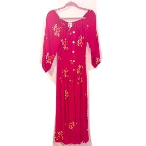 Fig & Flower Maxi Dress Sz Lg Pink Floral Embroidery Tiered Ruffled On Off Shldr